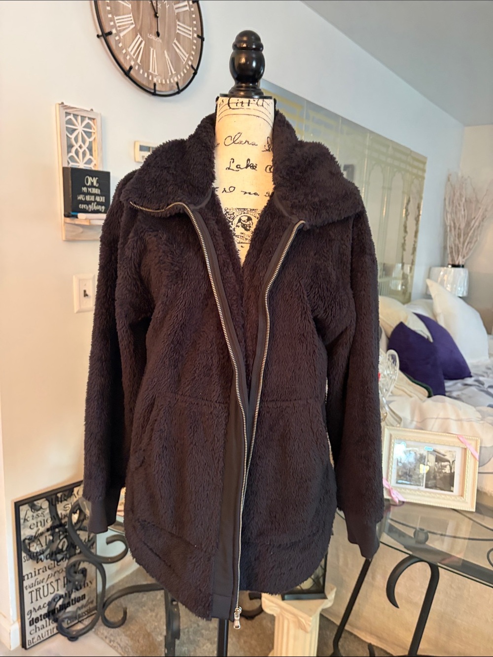 Plush Black Teddy Jacket with Zip Front